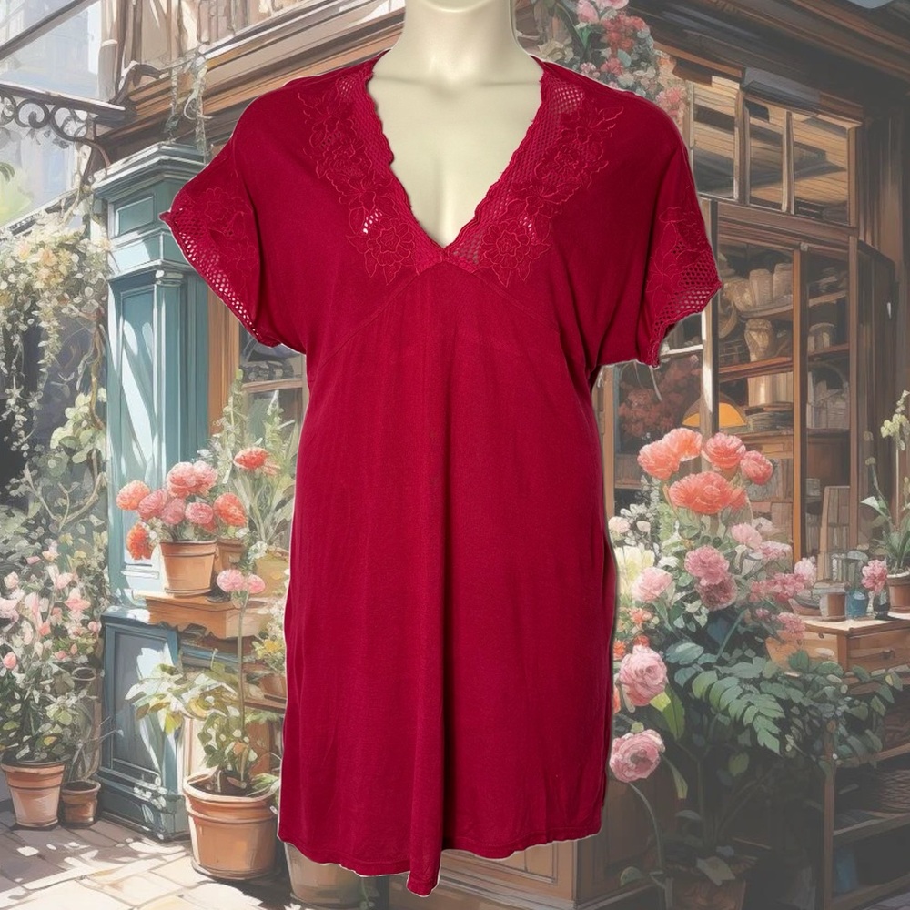 UO V-Neck Embroidered Empire Waist Mini Dress